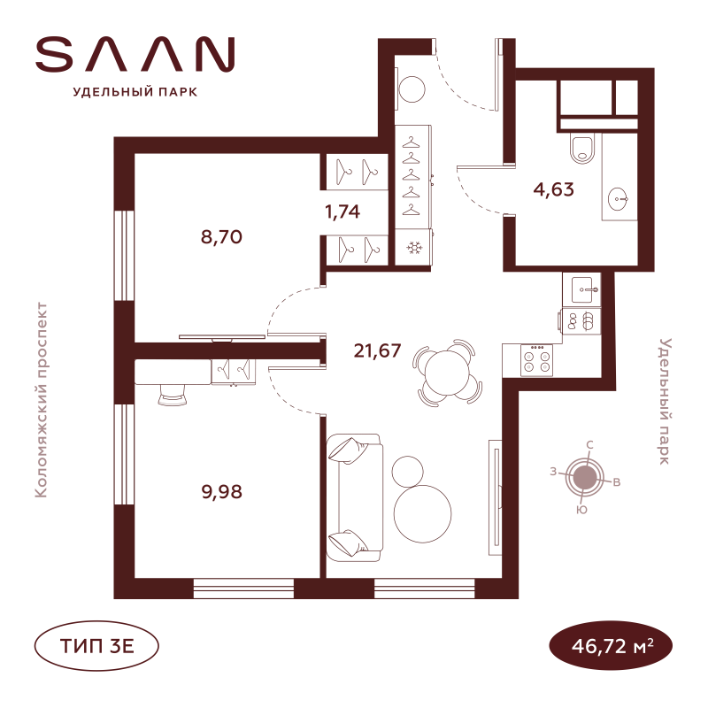 3-комнатная (Евро) квартира, 47.08 м² в ЖК "SAAN Удельный парк" - планировка, фото №1