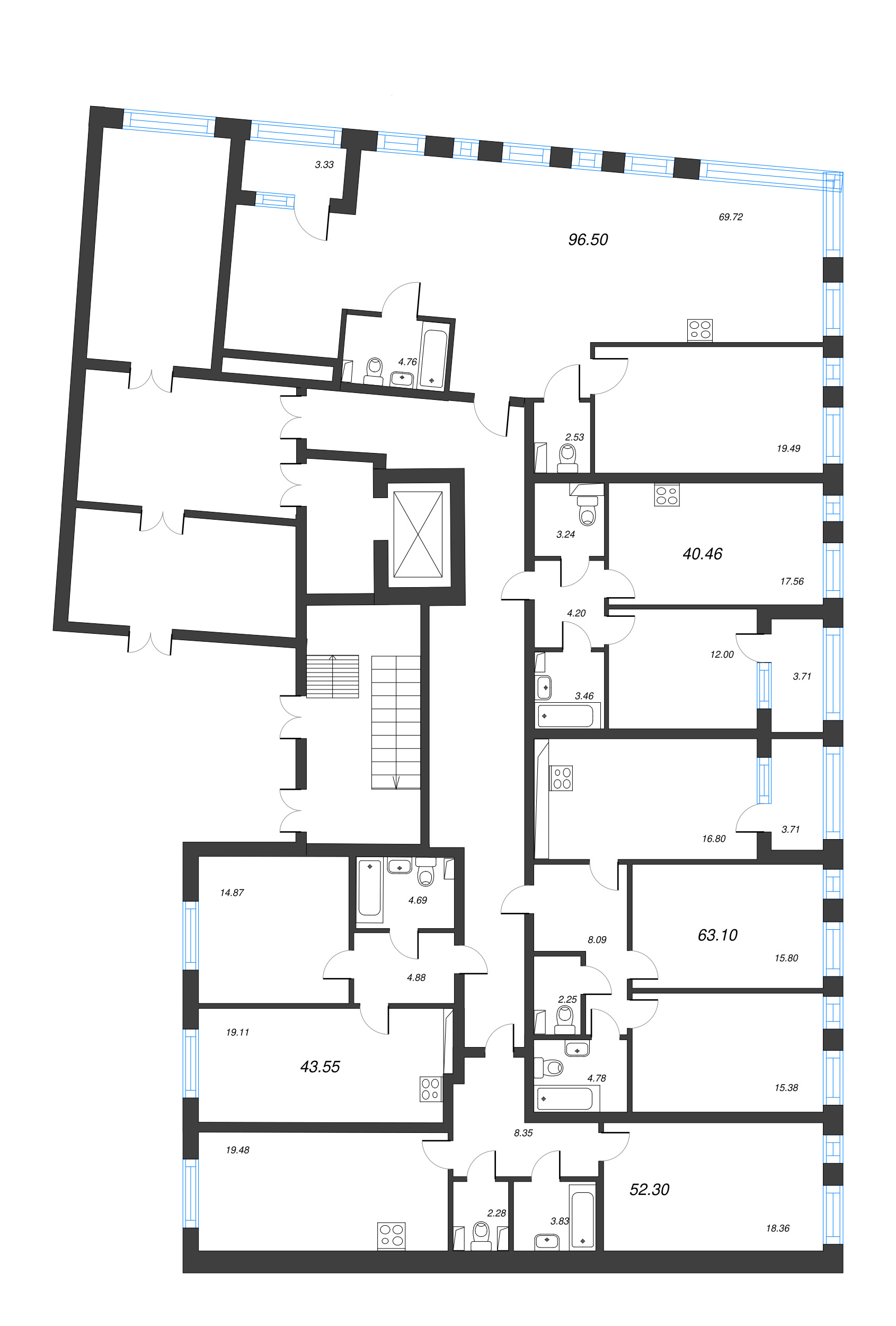 2-комнатная (Евро) квартира, 43.55 м² - планировка этажа