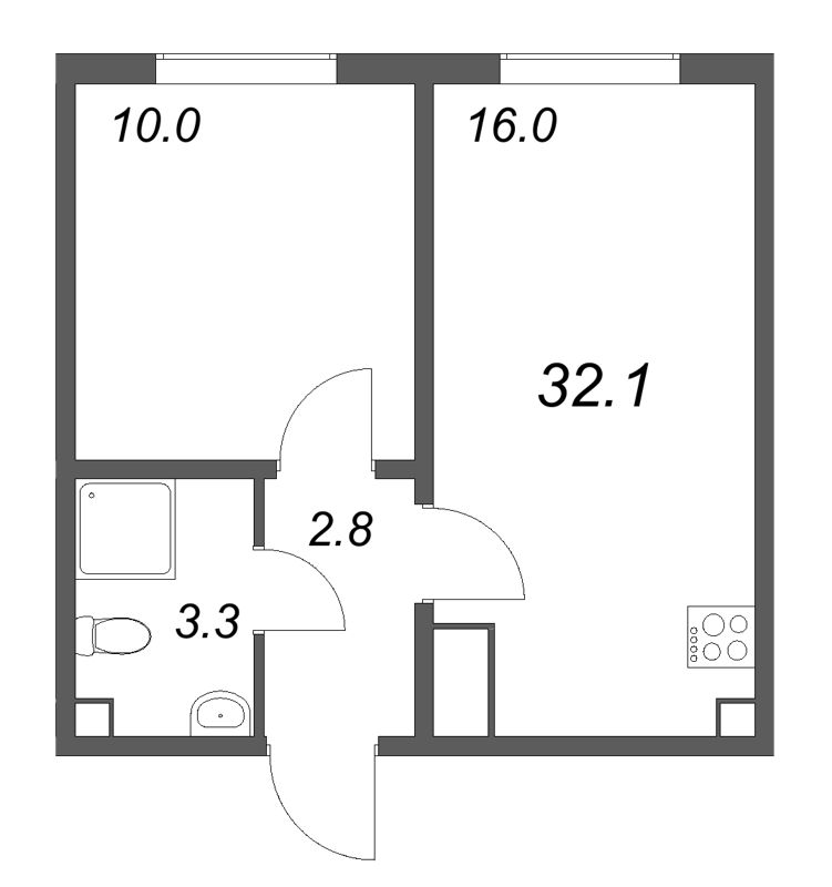 2-комнатная (Евро) квартира, 33.1 м² в ЖК "ЛСР. Ржевский парк" - планировка, фото №1