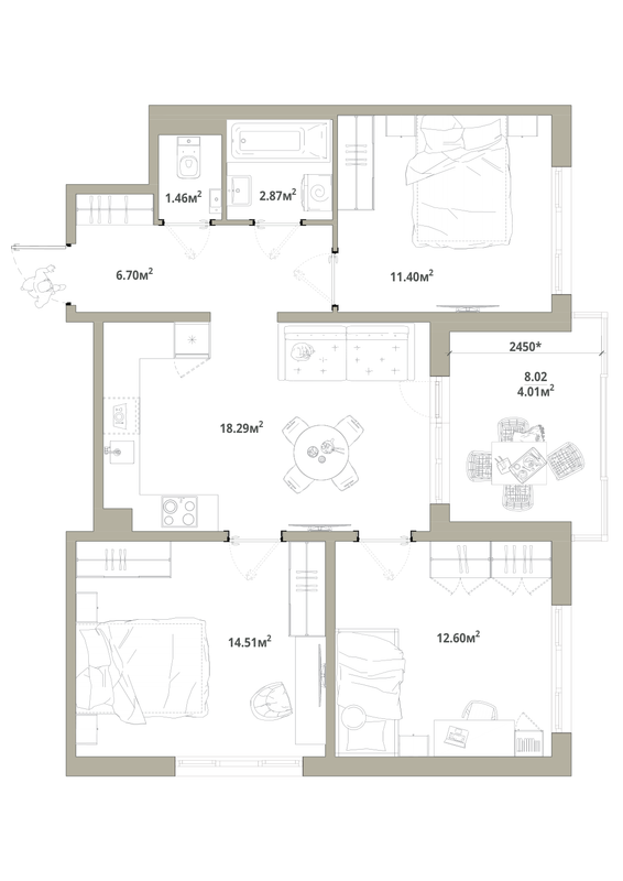 4-комнатная (Евро) квартира, 71.84 м² в ЖК "Тишин" - планировка, фото №1