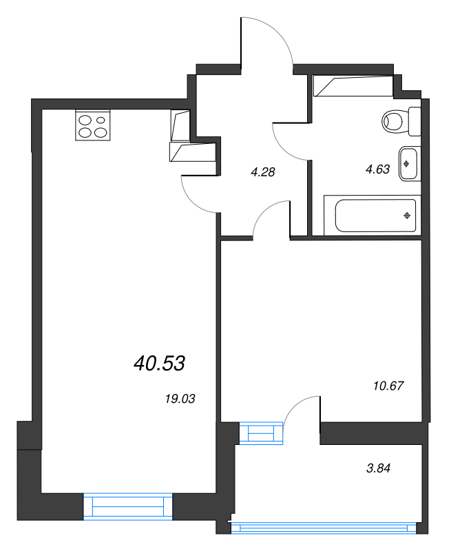 2-комнатная (Евро) квартира, 40.53 м² - планировка, фото №1
