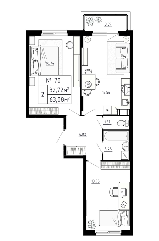 3-комнатная (Евро) квартира, 63.08 м² - планировка, фото №1