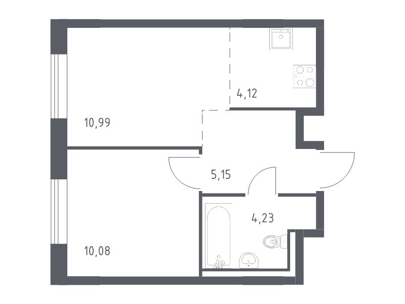 2-комнатная (Евро) квартира, 34.57 м² - планировка, фото №1