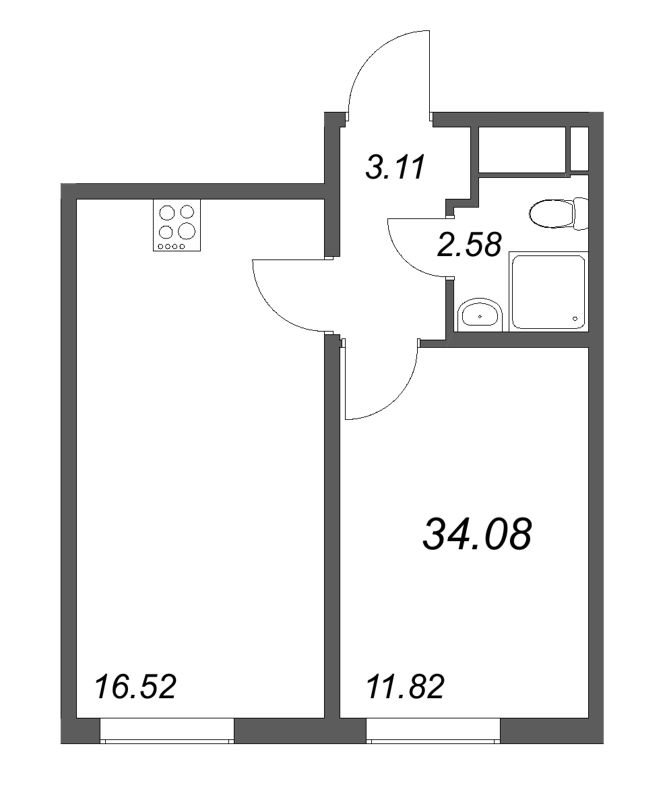 2-комнатная (Евро) квартира, 34.08 м² в ЖК "Морская миля" - планировка, фото №1