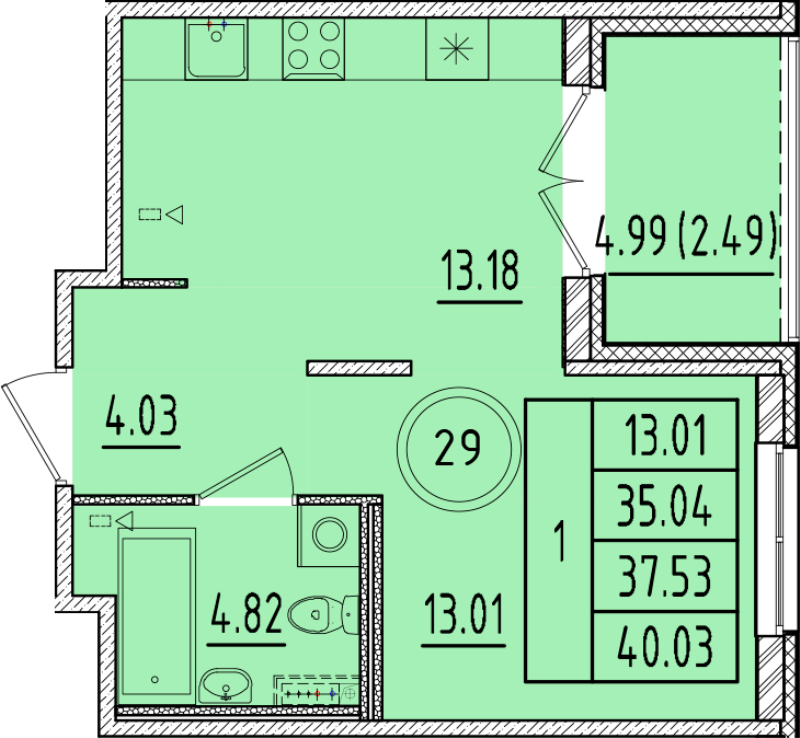 1-комнатная квартира, 35.04 м² - планировка, фото №1