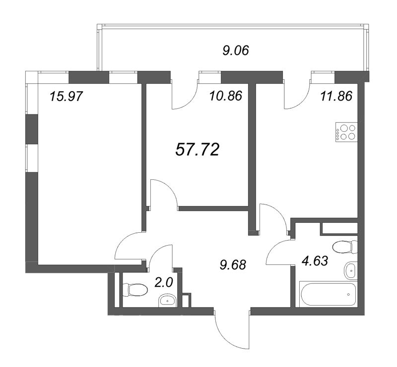 2-комнатная квартира, 57.72 м² в ЖК "Новая история" - планировка, фото №1