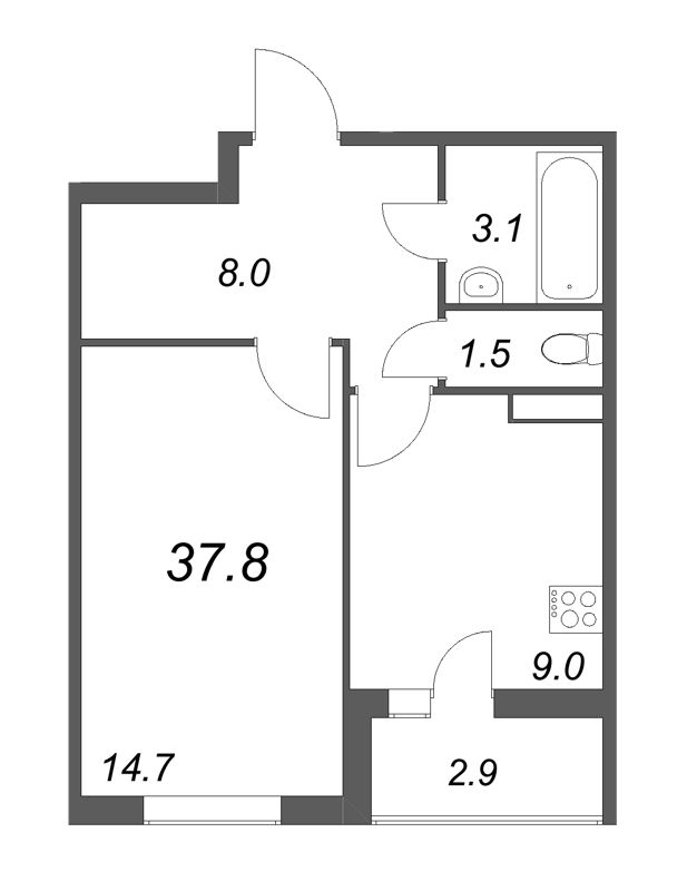 1-комнатная квартира, 37.8 м² в ЖК "Дзета" - планировка, фото №1