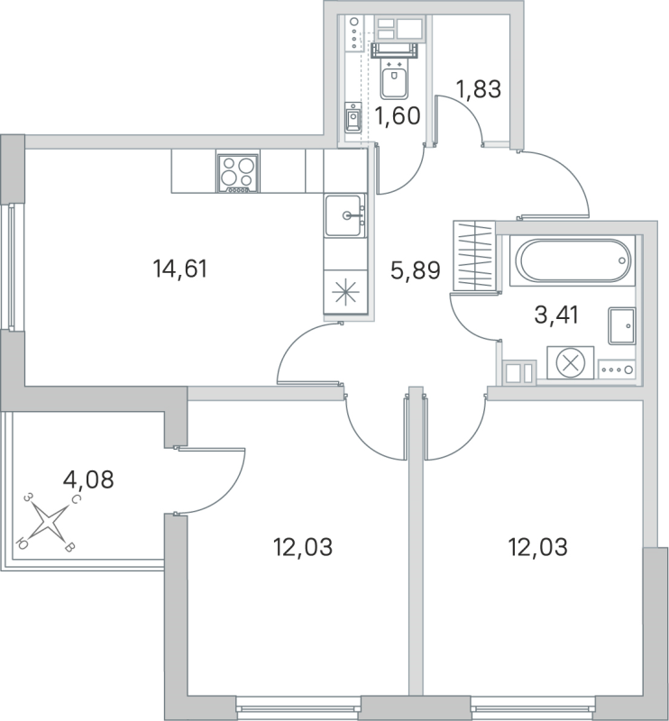 2-комнатная квартира, 51.4 м² в ЖК "Любоград" - планировка, фото №1
