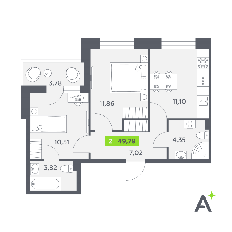 2-комнатная квартира, 49.79 м² в ЖК "Аквилон РекаПарк" - планировка, фото №1
