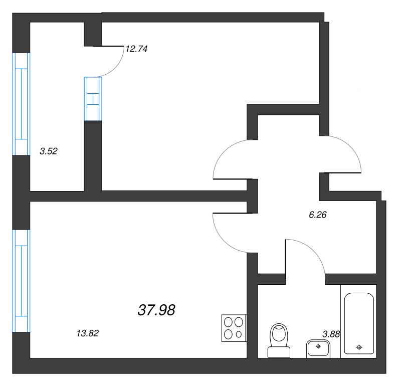 1-комнатная квартира, 37.98 м² - планировка, фото №1