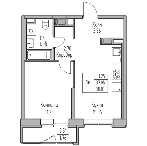 2-комнатная (Евро) квартира, 38.81 м² в ЖК "Юнтолово" - планировка, фото №1