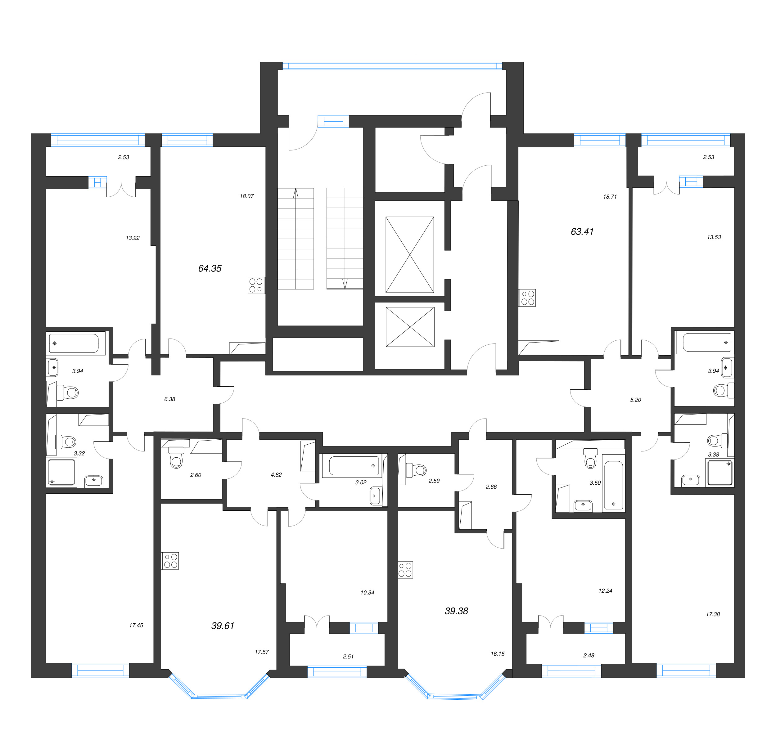 2-комнатная (Евро) квартира, 39.61 м² - планировка этажа