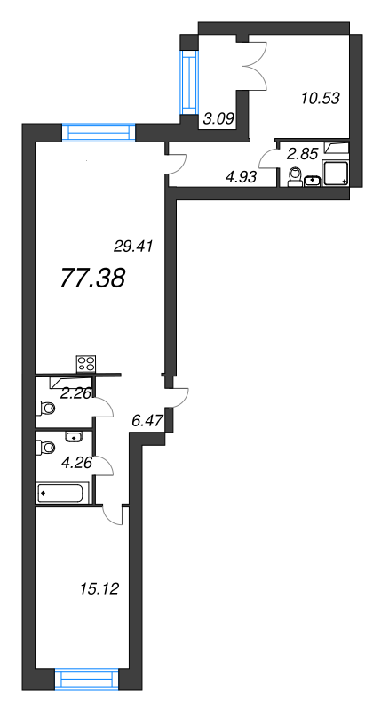 2-комнатная квартира, 77.38 м² - планировка, фото №1