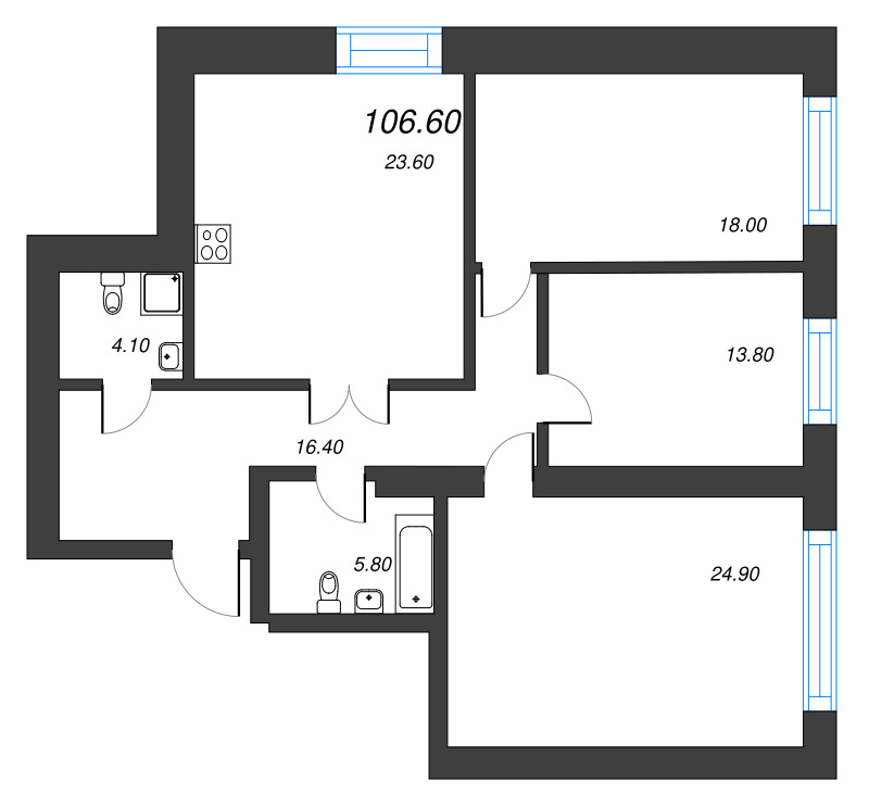 4-комнатная (Евро) квартира, 106.6 м² в ЖК "Листва" - планировка, фото №1