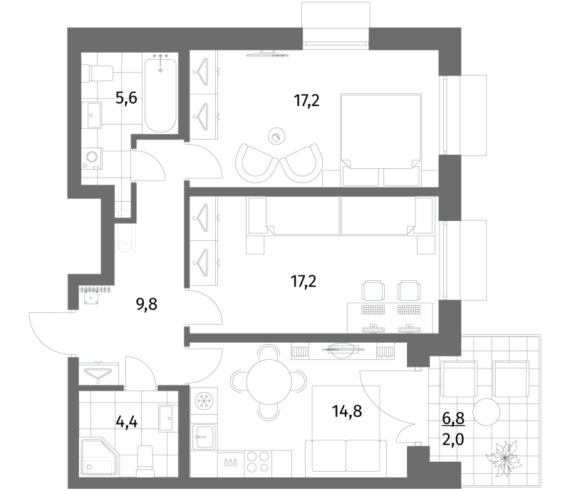 2-комнатная квартира, 71 м² в ЖК "Парусная 1" - планировка, фото №1