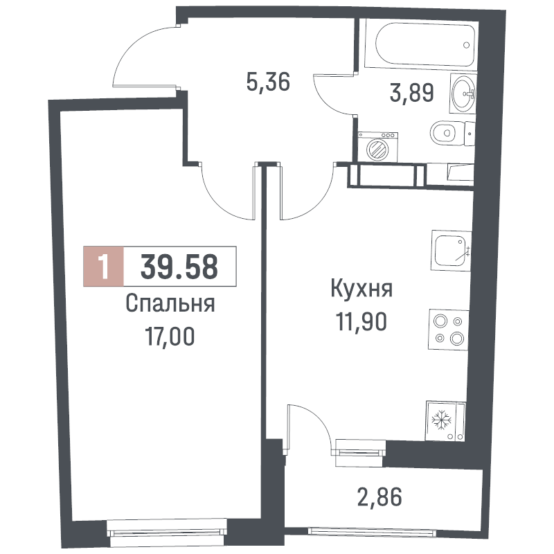 1-комнатная квартира, 39.58 м² в ЖК "Авиатор" - планировка, фото №1