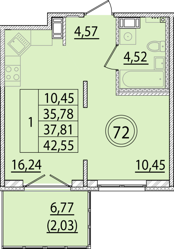 2-комнатная (Евро) квартира, 35.78 м² в ЖК "Образцовый квартал 15" - планировка, фото №1