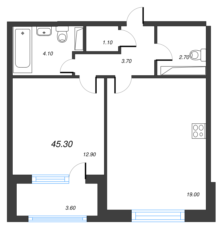 2-комнатная (Евро) квартира, 45.3 м² - планировка, фото №1