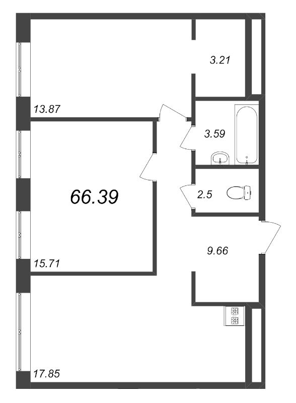 3-комнатная (Евро) квартира, 66.39 м² - планировка, фото №1