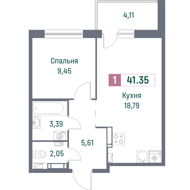 2-комнатная (Евро) квартира, 41.35 м² - планировка, фото №1