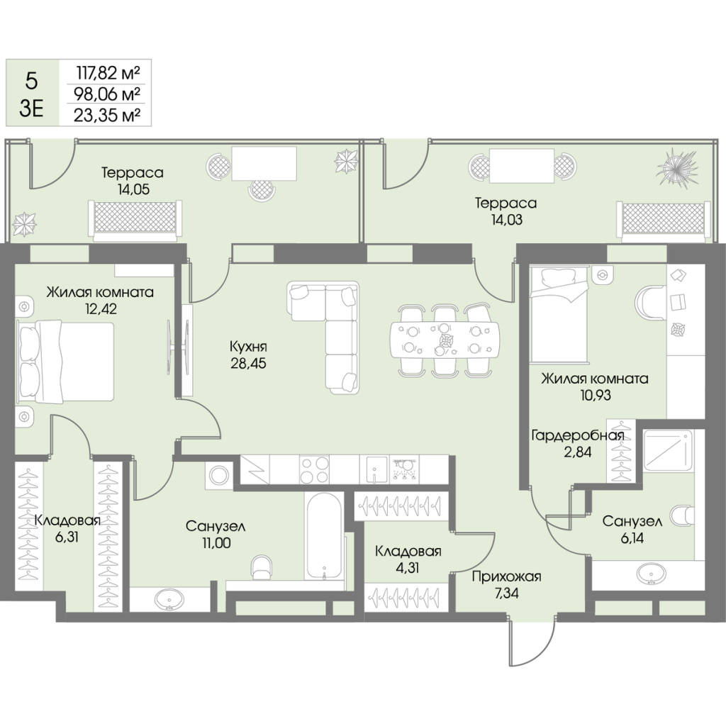 3-комнатная (Евро) квартира, 98.16 м² в ЖК "Рощино Residence" - планировка, фото №1