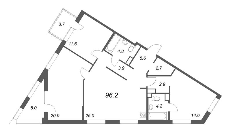 4-комнатная (Евро) квартира, 96.2 м² в ЖК "Куинджи" - планировка, фото №1
