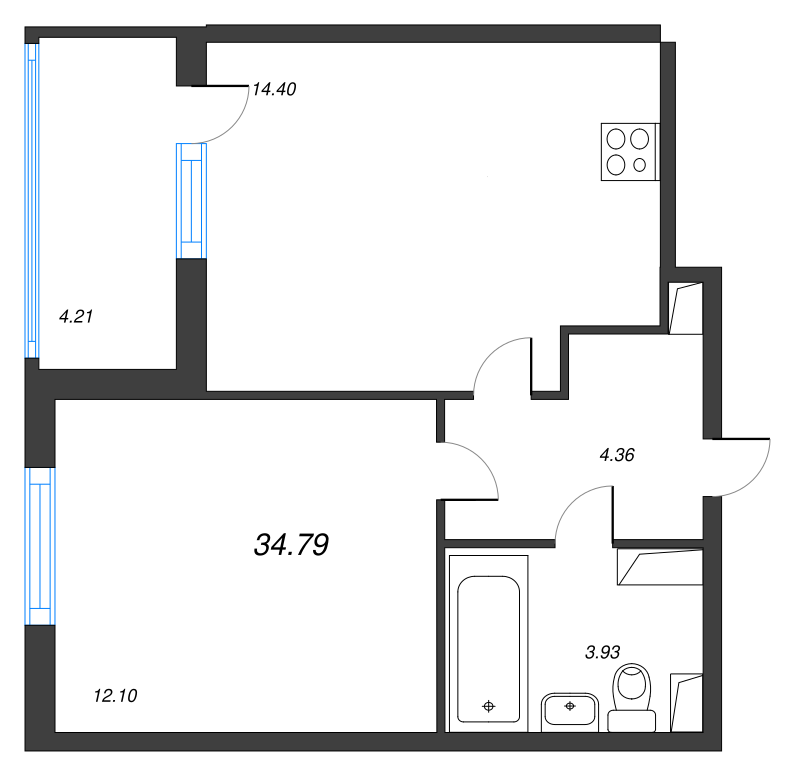 1-комнатная квартира, 34.79 м² - планировка, фото №1