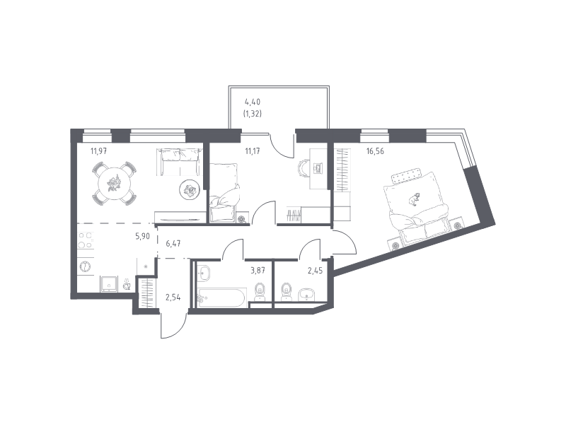 3-комнатная (Евро) квартира, 62.25 м² в ЖК "Живи! В Рыбацком" - планировка, фото №1
