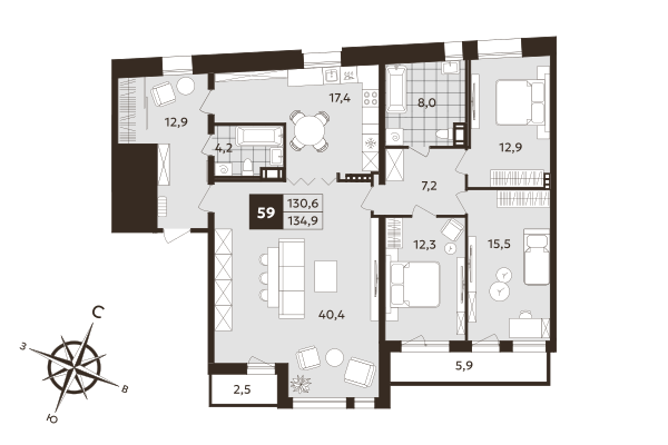 4-комнатная (Евро) квартира, 130.6 м² в ЖК "Дом на Бронницкой" - планировка, фото №1