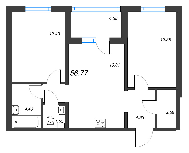 3-комнатная (Евро) квартира, 56.77 м² в ЖК "ЛесArt" - планировка, фото №1