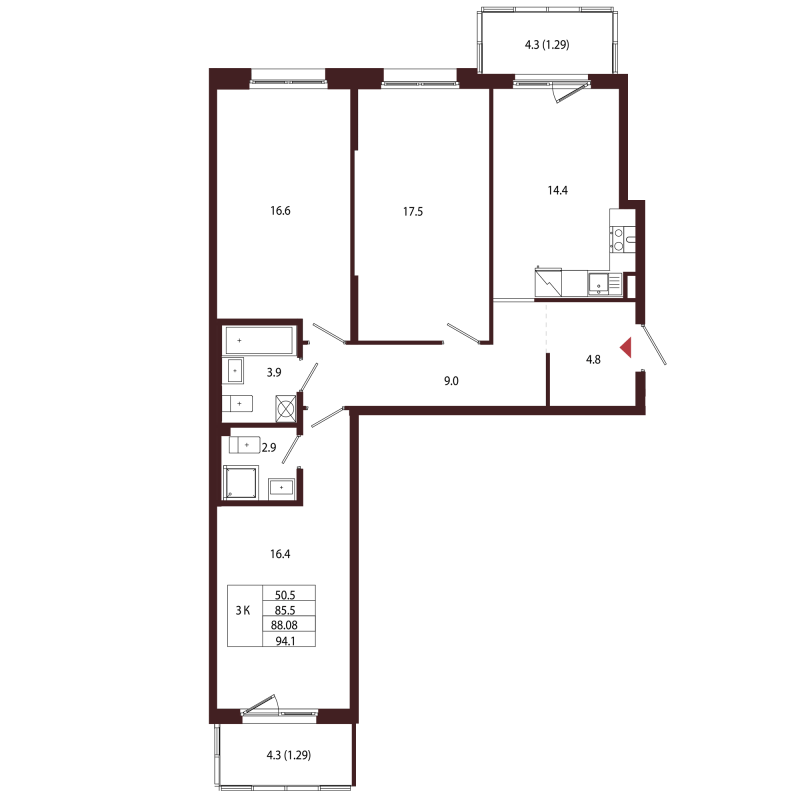 3-комнатная квартира, 88.08 м² в ЖК "Лисино" - планировка, фото №1