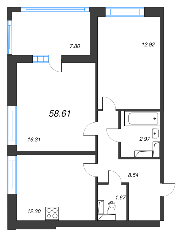 2-комнатная квартира, 58.61 м² - планировка, фото №1