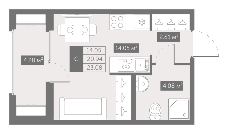 Квартира-студия, 23.08 м² - планировка, фото №1