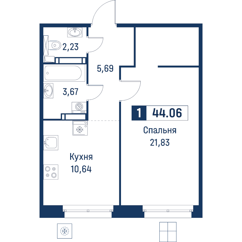 1-комнатная квартира, 44.06 м² в ЖК "Символист" - планировка, фото №1