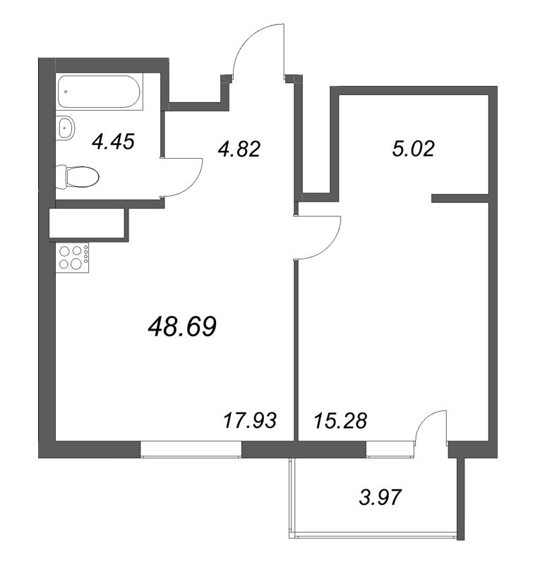 2-комнатная (Евро) квартира, 48.69 м² в ЖК "Talento" - планировка, фото №1