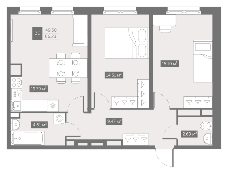 3-комнатная (Евро) квартира, 66.23 м² в ЖК "Zoom на Неве" - планировка, фото №1