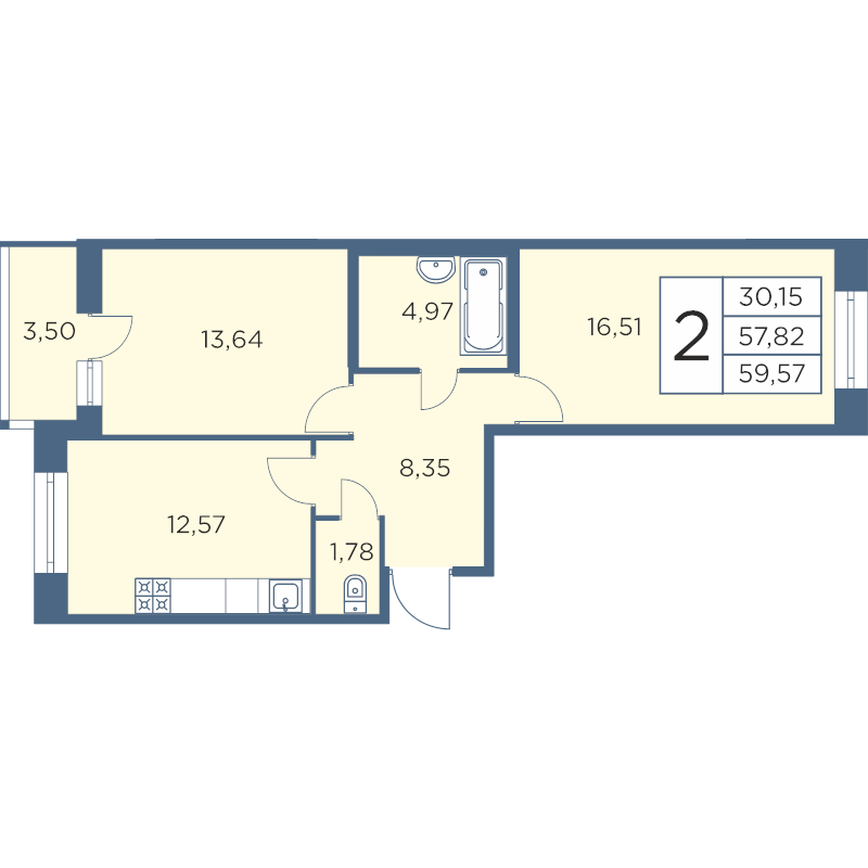 2-комнатная квартира, 59.21 м² - планировка, фото №1