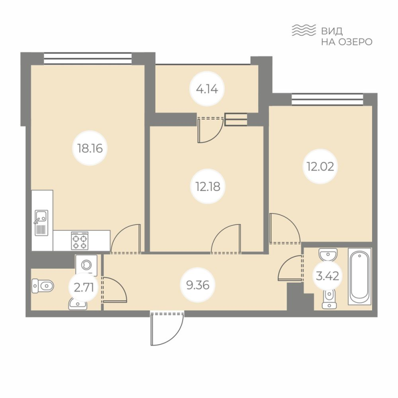 3-комнатная (Евро) квартира, 59.92 м² - планировка, фото №1
