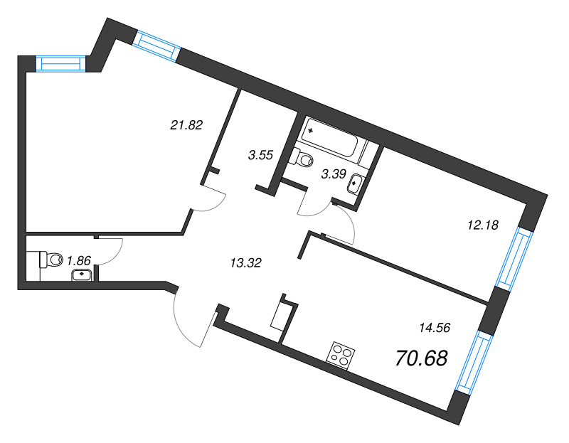 2-комнатная квартира, 69.1 м² в ЖК "Невский берег" - планировка, фото №1