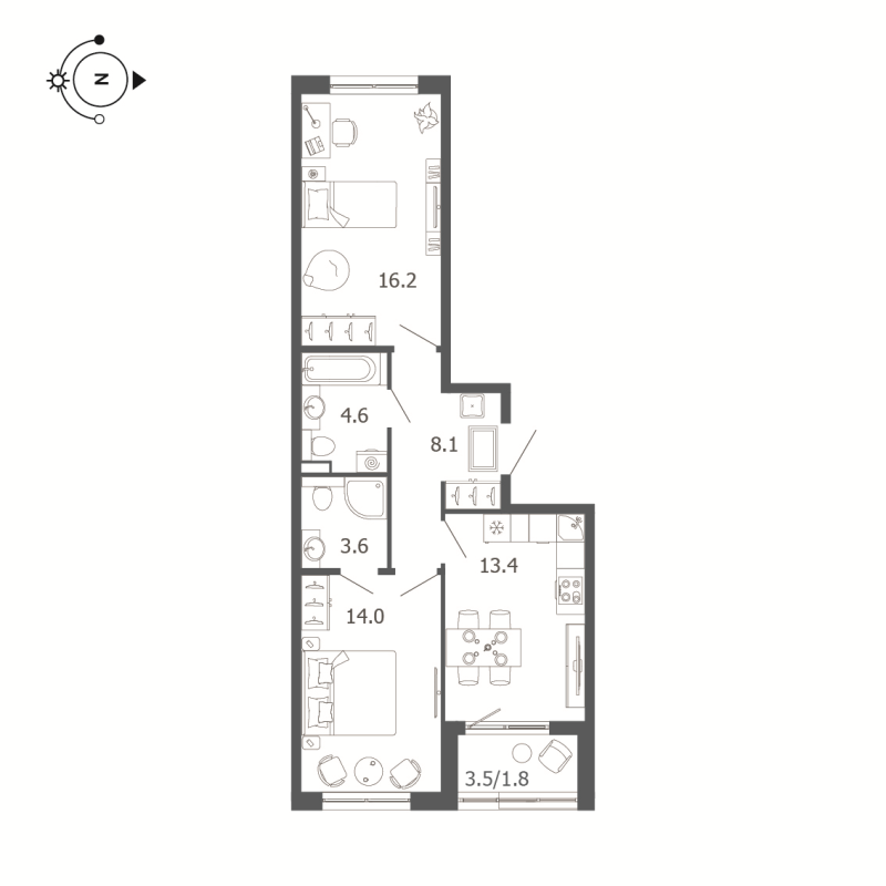 2-комнатная квартира, 61.7 м² - планировка, фото №1