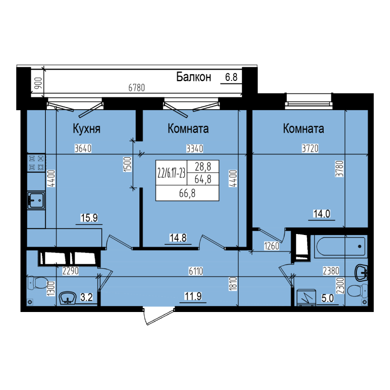 2-комнатная квартира, 66.8 м² в ЖК "ПРАГМА city" - планировка, фото №1