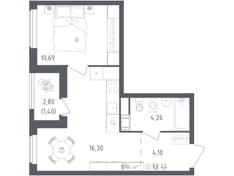 2-комнатная (Евро) квартира, 36.75 м² в ЖК "Южная Нева" - планировка, фото №1