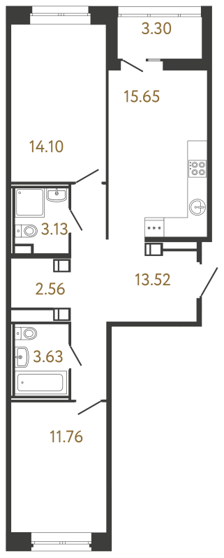 3-комнатная (Евро) квартира, 64.35 м² в ЖК "Ultra City 3.0" - планировка, фото №1
