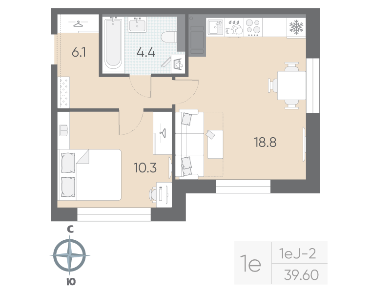 2-комнатная (Евро) квартира, 39.6 м² в ЖК "Большая Охта" - планировка, фото №1