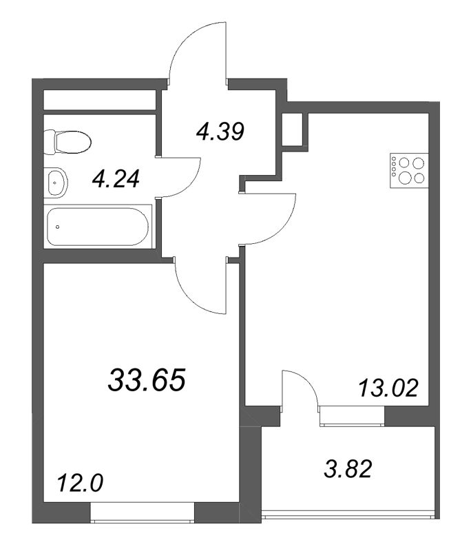 1-комнатная квартира, 33.65 м² в ЖК "ЮгТаун" - планировка, фото №1