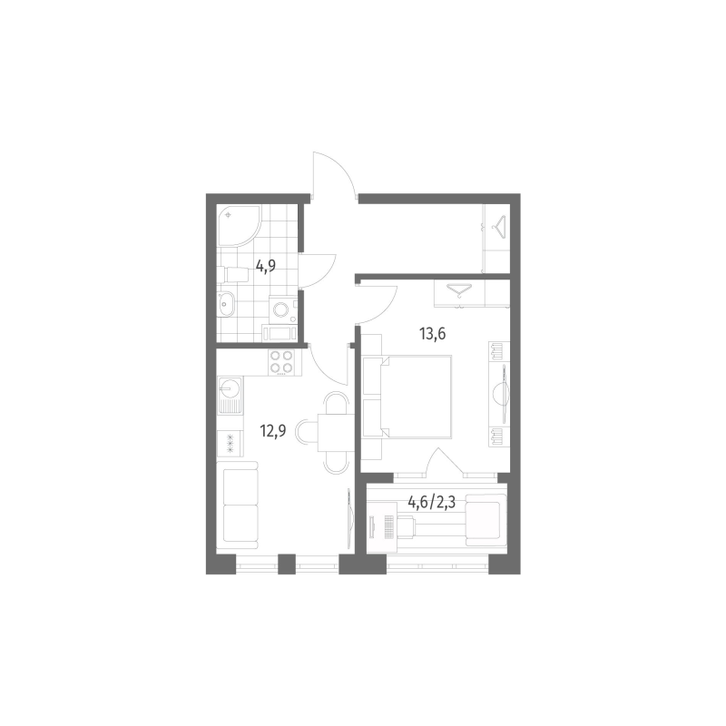 1-комнатная квартира, 42.2 м² в ЖК "Новый Питер" - планировка, фото №1