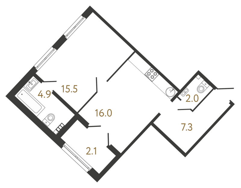 2-комнатная (Евро) квартира, 45.7 м² - планировка, фото №1
