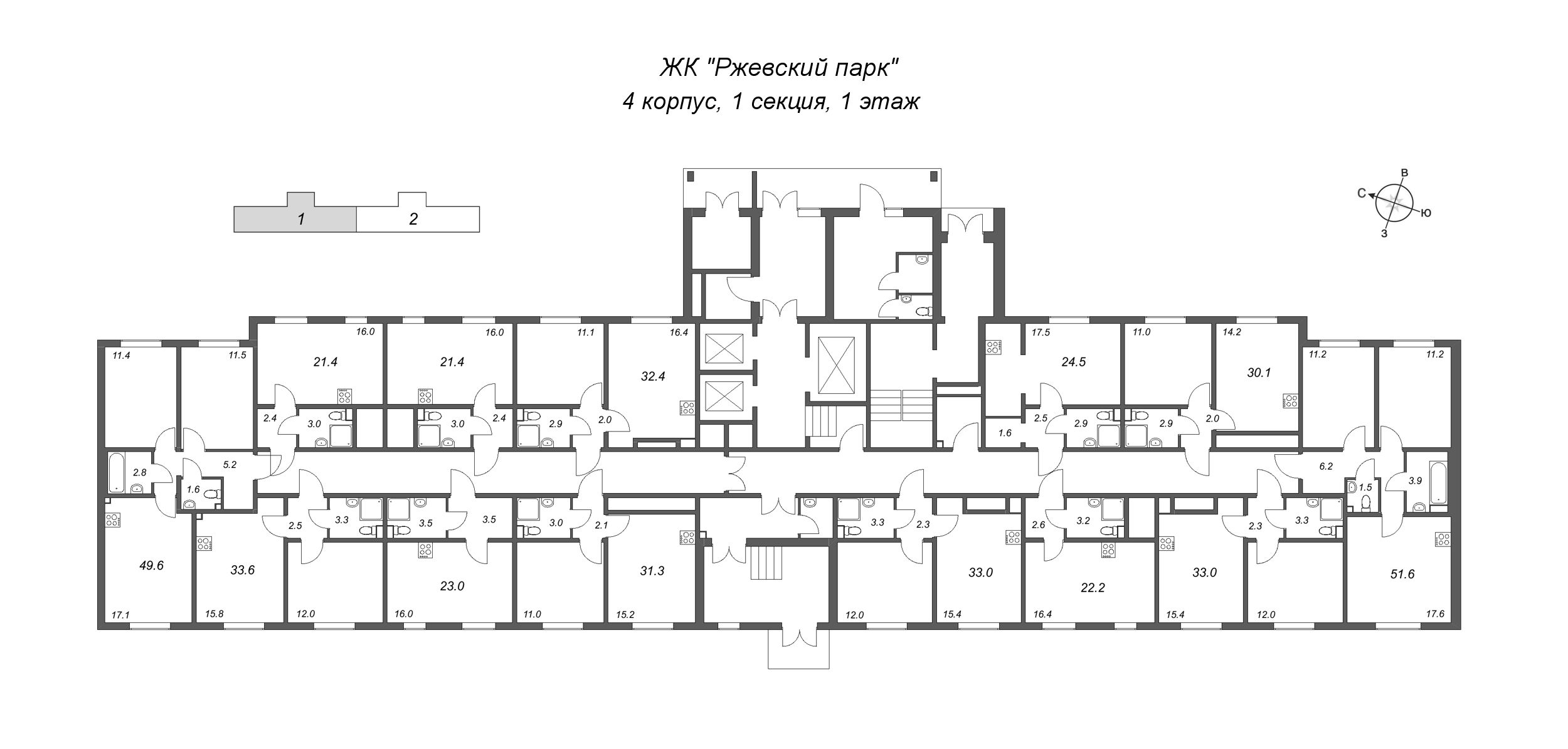 2-комнатная (Евро) квартира, 32.7 м² в ЖК "ЛСР. Ржевский парк" - планировка этажа