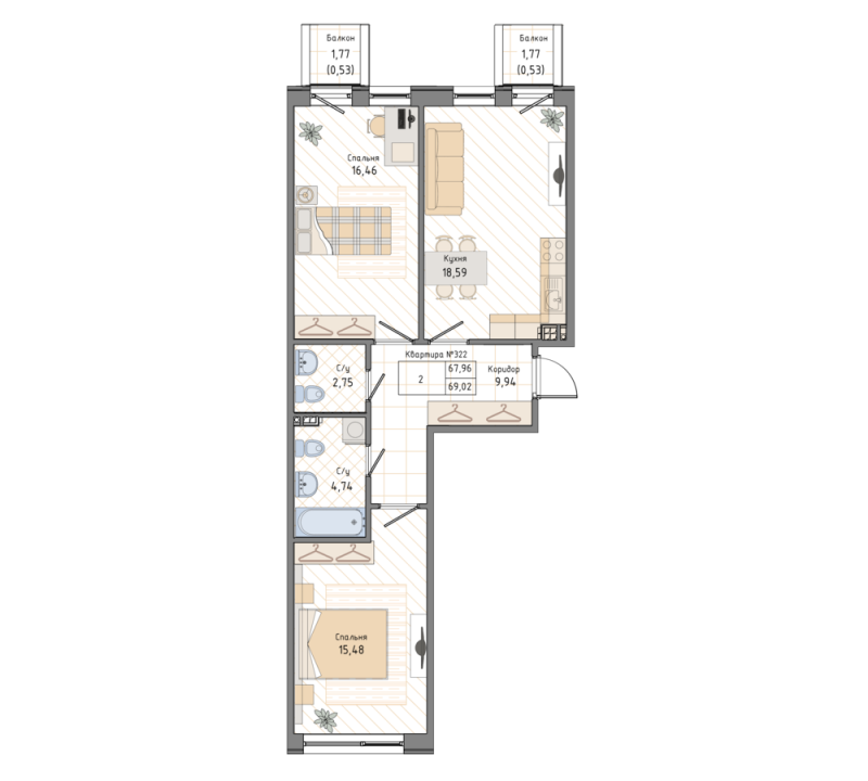 2-комнатная квартира, 69.02 м² в ЖК "Мануфактура James Beck" - планировка, фото №1