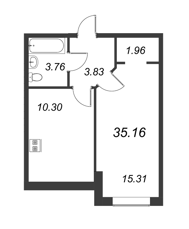 1-комнатная квартира, 35.16 м² - планировка, фото №1